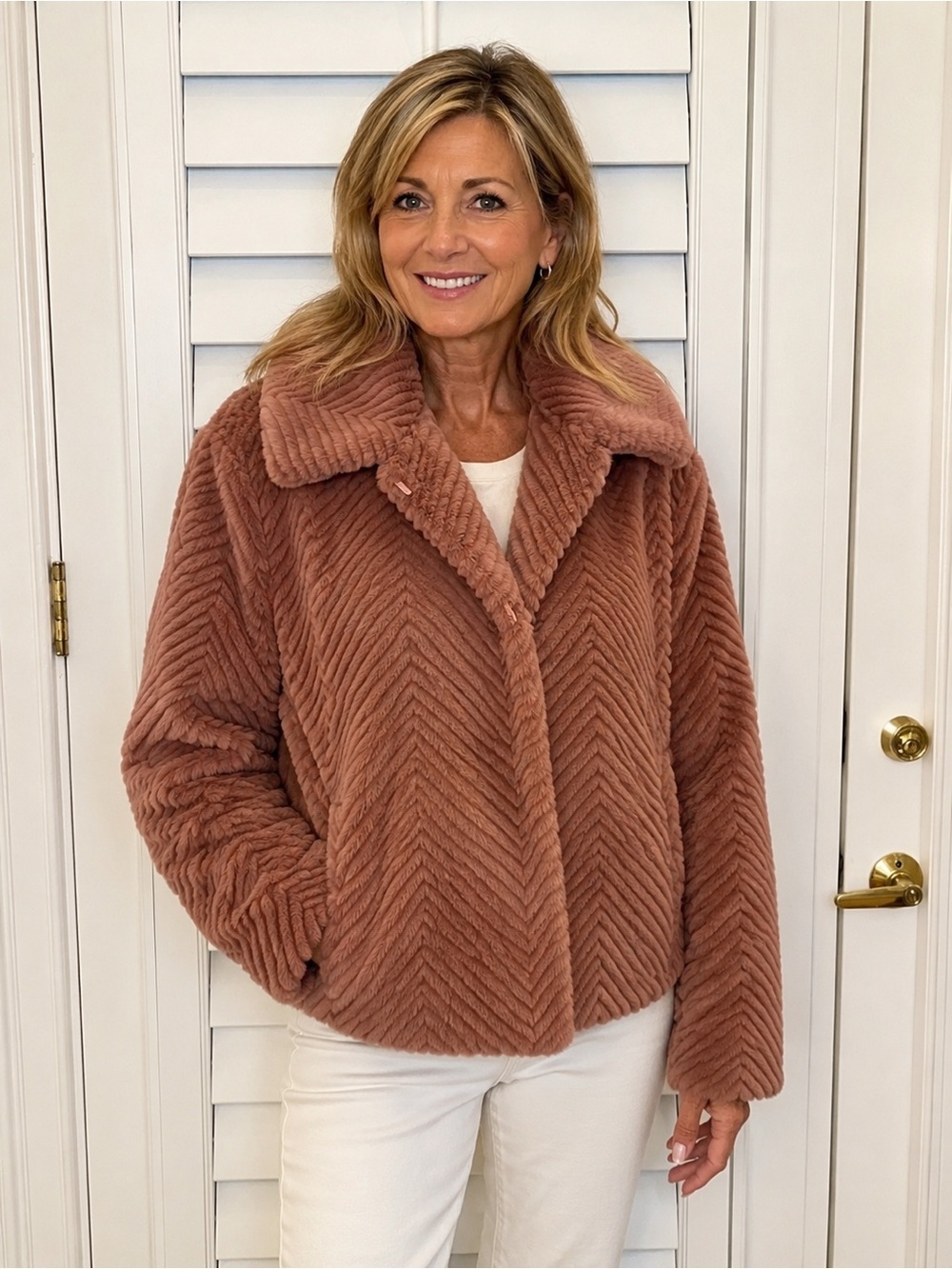 Halogen Plush Faux-Fur Chevron Jacket in Rose xxl Super Soft!
